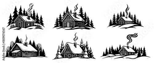 Winter Log Cabin House in Snow Forest Vector Set