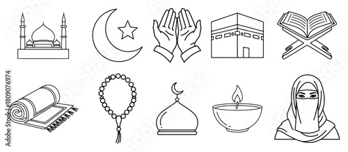 Set Of Islamic Religion Outline Icons Featuring Mosque Crescent Moon Kaaba And Prayer Beads