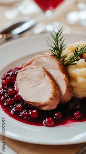 Fototapeta Naklejka Na Ścianę i Meble -  Tender slices of duck layered with a rich red berry sauce accompany creamy potato puree, elegantly arranged on a white plate. This exquisite dish showcases fine dining perfection