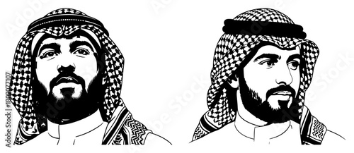 Traditional Arab Man Portrait Vector Illustration Wearing Keffiyeh in Two Styles