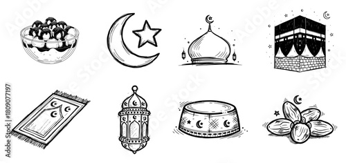 Collection of Hand Drawn Vector Symbols for Ramadan and Islamic Religious Observance