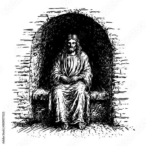 Jesus Sitting in Stone Prison Arch Vintage Engraving