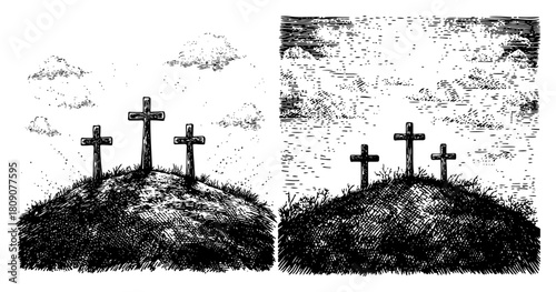 Calvary Hill with Three Crosses Vintage Engraving Landscape