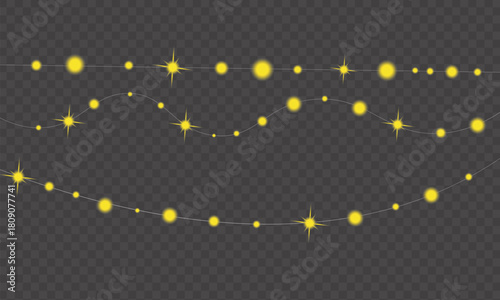 Set of three glowing yellow string lights with stars and circles on a transparent background.
