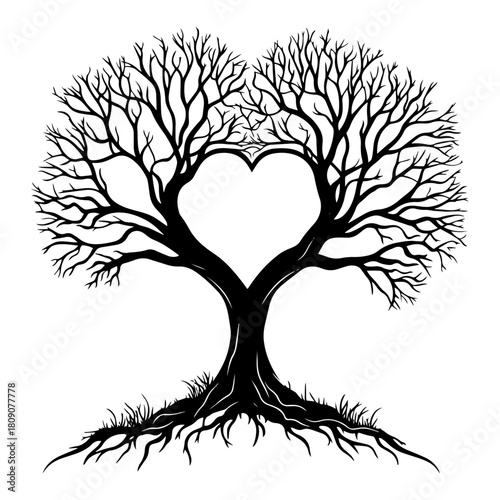Silhouette Illustration Of Bare Tree With Roots And Branches Forming A Heart Shape