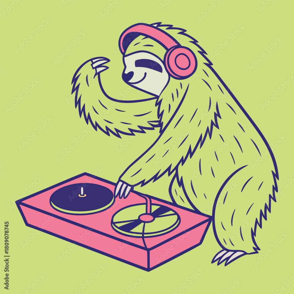 Naklejka premium Sloth DJ wearing headphones and mixing music on turntables Keywords: sloth, animal, cartoon