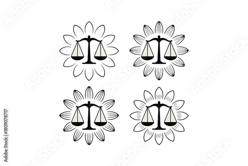 Four black and white vector illustrations of scales of justice within stylized flower petals legal balance