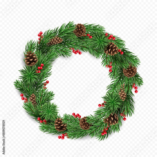Vector realistic wreath pine tree branches, cones and red berries isolated on a transparent background. Holiday Christmas tree garland for winter decoration banner, poster, greeting card.