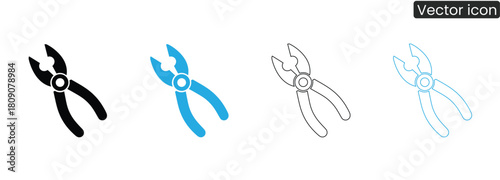 Plier icons showcase essential tool in black, blue, and outline styles for projects. Ideal for construction, repair, and engineering themes. Versatile, modern design.