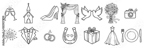 Wedding Celebration Line Icon Set with Romantic Symbols