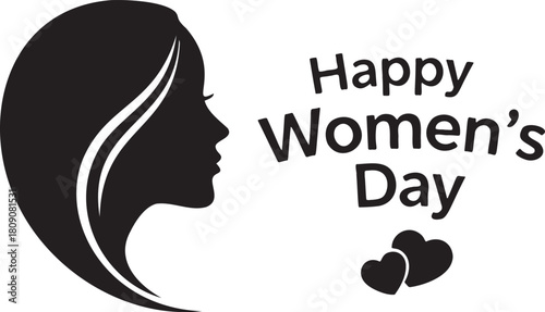 Happy Women's Day Silhouette: Woman's Profile Vector Graphic with Hearts, Black and White Celebration Image for Social Media & Greetings