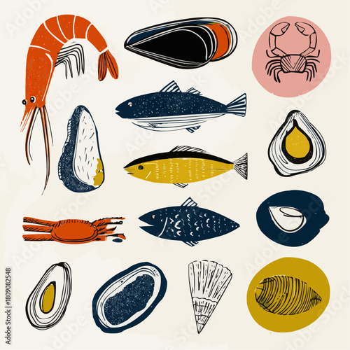 A doodle clipart set of seafood items including shrimp, mussel, fish fillet, crab claw, squid, oyster and scallop for food packaging and menu designs