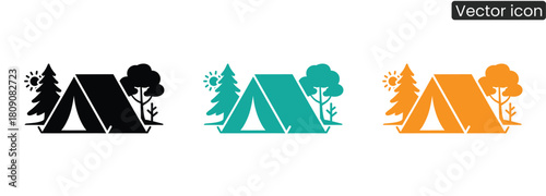 Escape to the outdoors with this vibrant camping scene featuring a tent, trees, and sunshine. Ideal for travel, recreation, and outdoor lifestyle promotions.