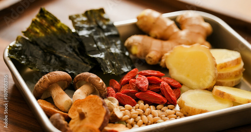 An Ingredients of dried food items and Herbs.