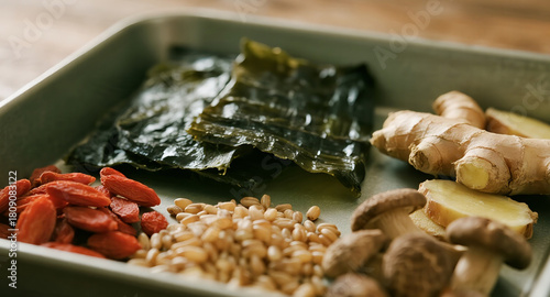An Ingredients of dried food items and Herbs.