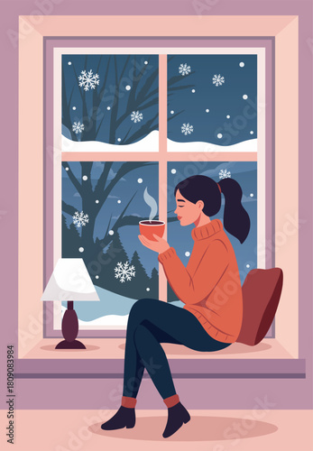 Hello, winter! A cozy vector illustration of a woman sitting on a windowsill with a mug of hot cocoa on a winter evening. Snow-covered view from the window. For winter designs, posters, social media
