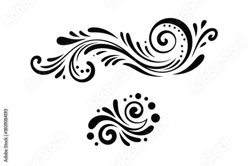 Black abstract swirls and dots decorative elements on white background flourish