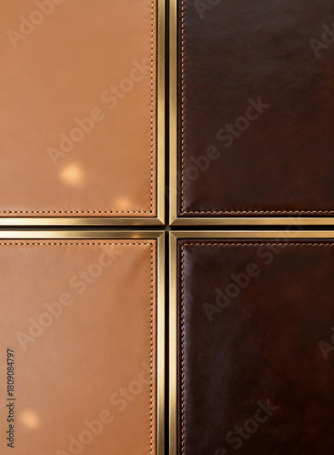 A close up of a brown leather panel with stainless made  for wall panelling decorate