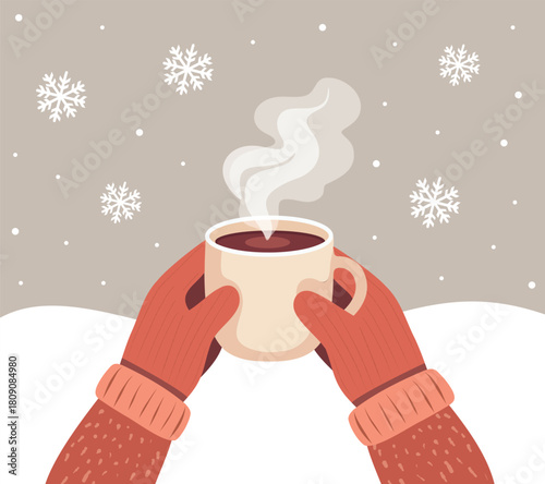 A cozy flat vector illustration of hands in red mittens holding a mug of hot drink. The background is light, white snowflakes. Winter hygge, coziness. For winter content, designs, social media