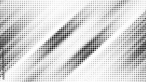 Abstract black and white halftone pattern background with diagonal stripes made of small dots creating a dynamic visual texture vector