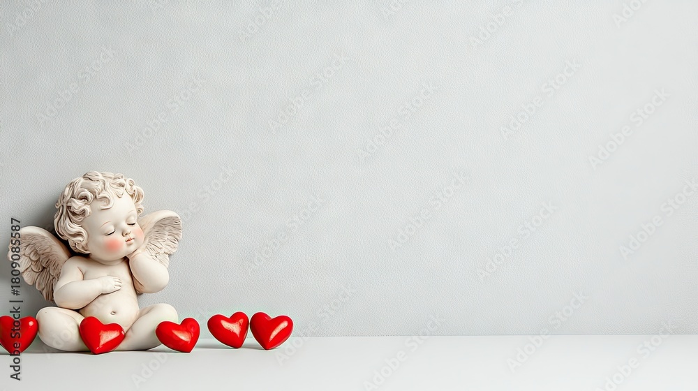 Naklejka premium A realistic white marble cupid angel lies on its side, surrounded by vibrant red hearts on a clean white background. This arrangement evokes feelings of love, tenderness, and celebration