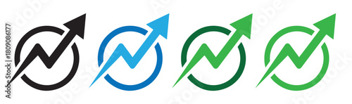  growth icons isolated on transparent background, each featuring an arrow pointing upwards within a circle, symbolizing progress and development in business and finance
