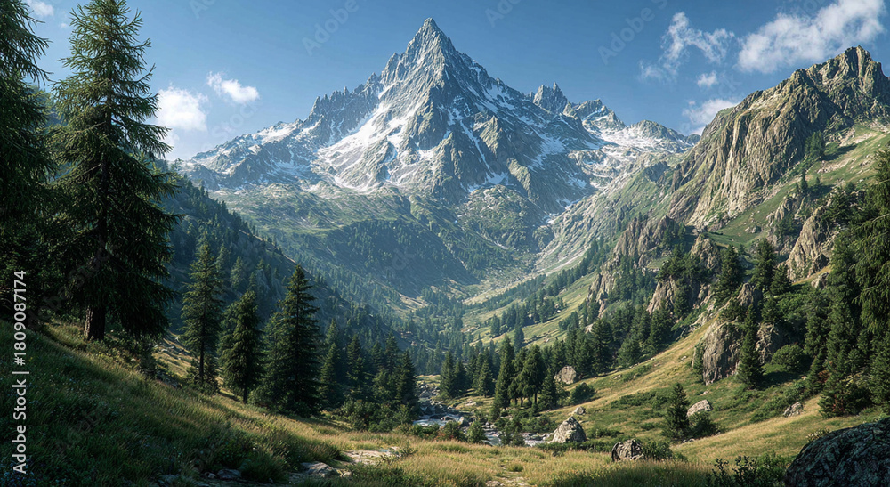 Fototapeta premium Ultra-Realistic Mountain Landscape with Snowy Peaks and Clear Blue Sky