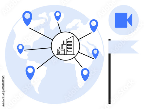 World map with location pins linked to a central business hub icon, flagpole, and video camera icon. Ideal for global networking, collaboration, communication, expansion, logistics, data sharing