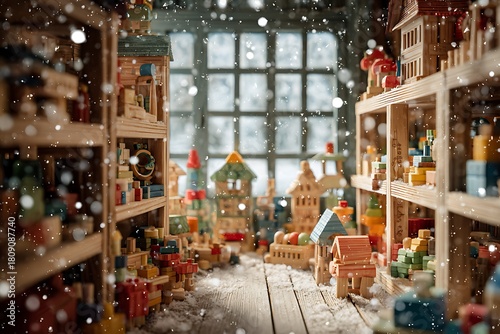 A charming display of vintage wooden toys evokes a nostalgic Christmas atmosphere with falling snow.