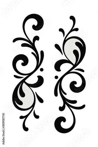 Black and white ornate flourish design elements with light grey accents scroll swirl