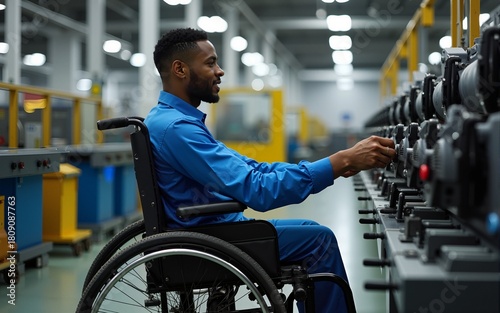Industrial worker in wheelchair operating complex machinery in manufacturing facility, looking focused and engaged, demonstrating skill and efficiency, emphasizing inclusive work environment