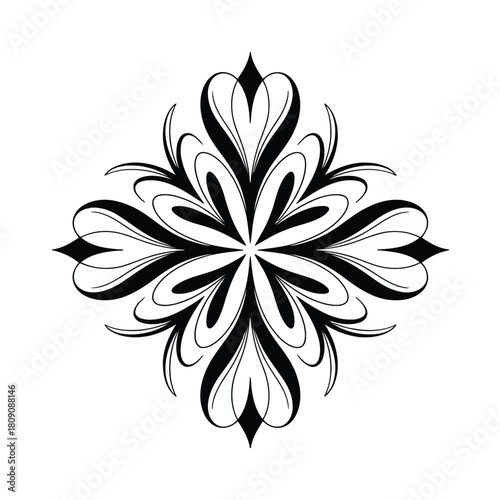 Black and white symmetrical ornamental flourish with petal like shapes and swirling lines decorative