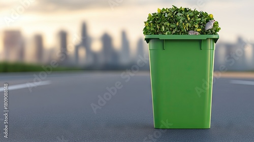 Fototapeta Naklejka Na Ścianę i Meble -  A green smiling bin filled with organic waste sits on a city street, surrounded by small animals. This promotes awareness of sustainable waste management in urban environments