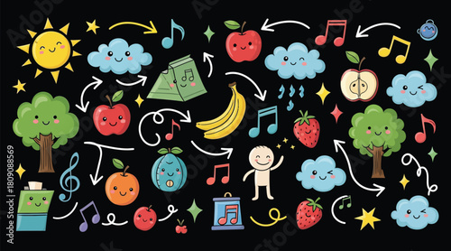 Colorful Cartoon Solar System Planets and Celestial Bodies on Black Background moon stars