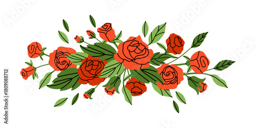 Roses composition. Red flowers and green leaves. Decorative element, frame, border and divider, underline. Bouquet with blossoms. Botanical garland. Vector cartoon flat style isolated illustration