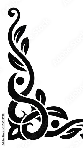 Black Celtic knot floral corner ornament with leaves and swirls on white background flourish
