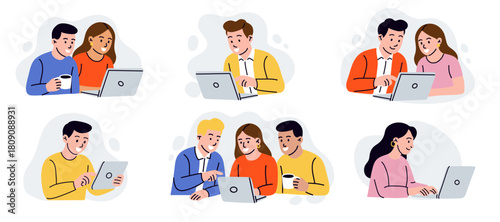 People working on laptop. Men and women using computer, online communication. Teamwork project, employee office work. Programmer or freelancer. Vector cartoon flat style isolated illustration