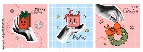 Christmas card set. Halftone collage hand hold gift, xmas symbol. Winter holidays banner vintage design. Retro newspaper pop art. Arm gesture. Social media post. Vector isolated colorful illustration