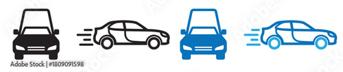 Car icon set in various styles, including solid black, outline, and blue gradient, conveying movement and speed isolated on transparent background
