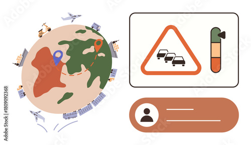 Globe with transport modes encircling it, traffic caution sign, and meter symbolizing pollution awareness. Ideal for transport, environment, mobility, logistics, travel, sustainability urban