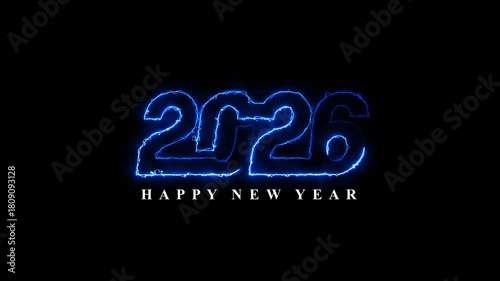 Animated neon Happy New Year 2026 text icon animation glowing festive celebration typography vibrant luminous light effect modern holiday design loopable motion graphic template