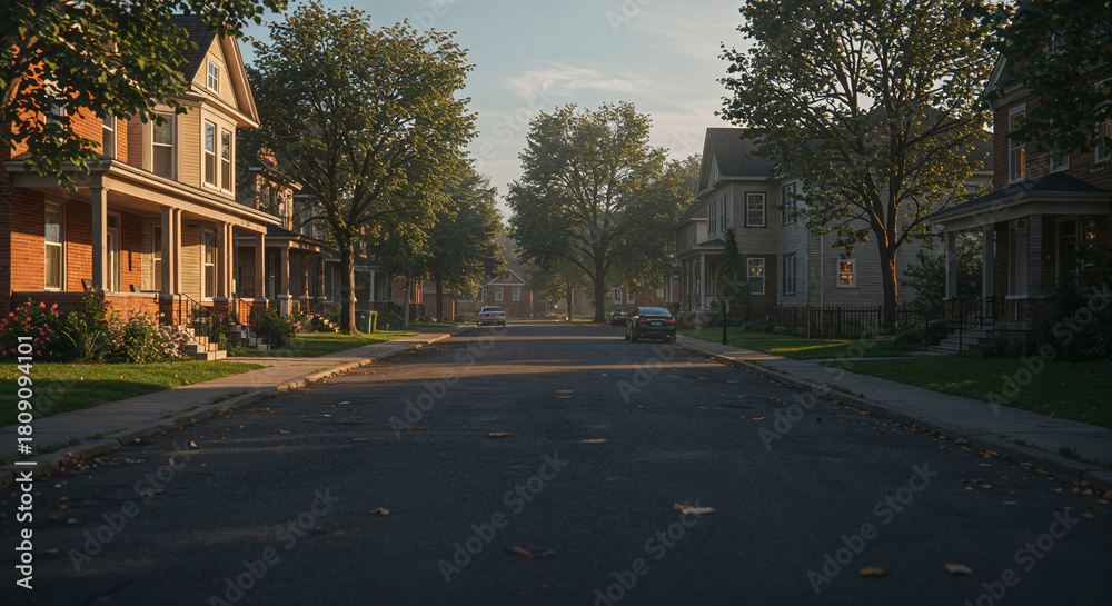 Obraz premium American suburban street with detached houses, lawns, and parked cars.