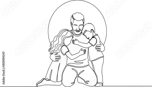 Minimalist continuous line drawing of a father embraced by children