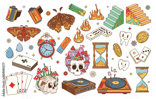 A collection of various cartoonstyle objects including playing cards skulls film rolls and hourglasses. Vector illustration