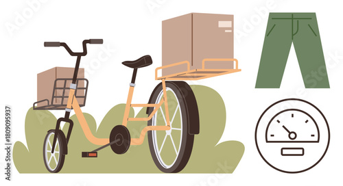 Delivery bike carrying boxes, speed gauge for performance, and pants for outdoor context. Ideal for logistics, eco-transport, sustainability, delivery services, simplicity, eco-friendly lifestyle