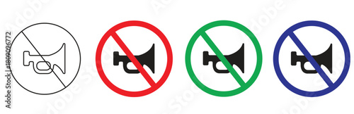 Set of no horn signs including a line art icon and solid black icons with red green and blue prohibition circles isolated on a white background signifying silence and quiet zones