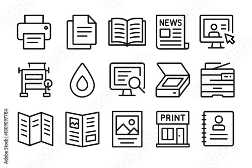 Print icon set. Publishing and printing vector set. Print icon collection for press, printer, paper, newspaper and booklet layout.