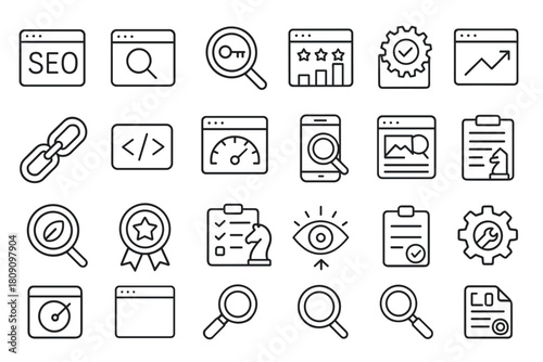 SEO icon set. Search engine vector set. SEO icon collection for analytics, optimization, link building and ranking strategy.