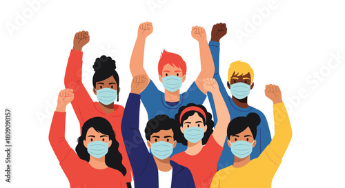 Diverse group of people wearing face masks raise their fists in solidarity.
