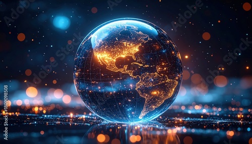 Global Cloud Connection: An abstract globe made of transparent crystal, with countless tiny lights and data particles flowing rapidly inside it
